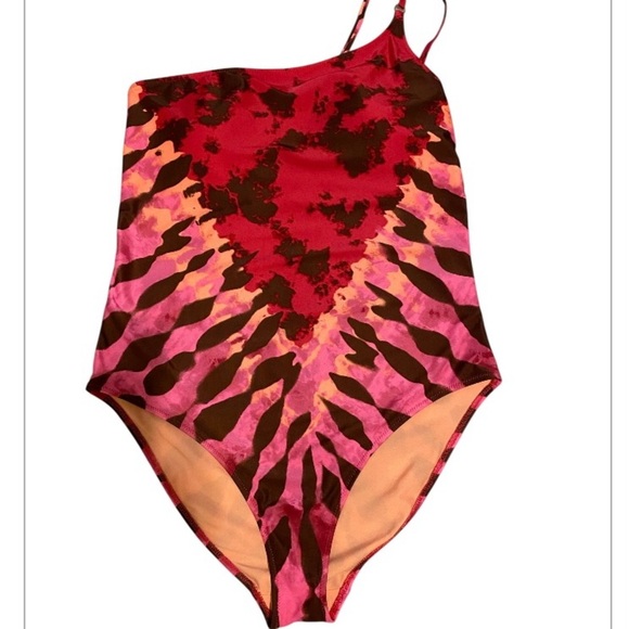 Aerie Tide Dye Pink and Black One Piece one shoulder Swimsuit size large - Picture 3 of 9